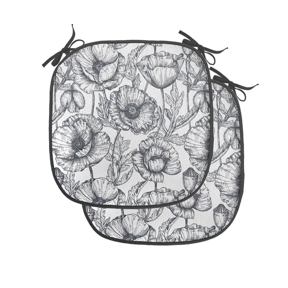 Floral Chair Seating Cushion Set of 2, Vintage Look Poppy Flowers Monochrome Sketch Style on Plain Background, Seat Pads with Anti-slip Backing, 16"x16", Dark Blue Grey and White, by Ambesonne