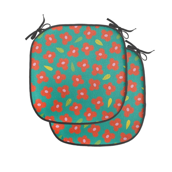 Floral Chair Seating Cushion Set of 4, Small Flowers and Leaves Blooming Vintage Print, Seat Pads for Office with Anti-slip Backing, 16"x16", Vermilion Dark Seafoam, by Ambesonne