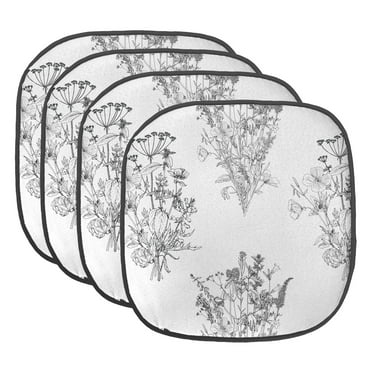 Floral Chair Seating Cushion Set of 4, Vintage Monochrome Design Outline Graphic of Wild Plants with Flowers, Seat Pads with Anti-slip Backing, 16"x16", Charcoal Grey and White, by Ambesonne
