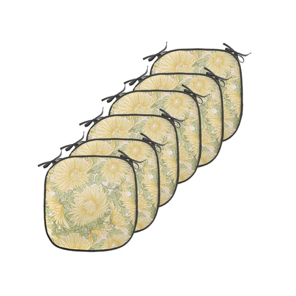 Floral Chair Seating Cushion Set of 6, Large Motifs of Japanese Chrysanthemum Flowers with Leaves, Seat Pads for Office with Anti-slip Backing, 16"x16", Cream Mustard, by Ambesonne