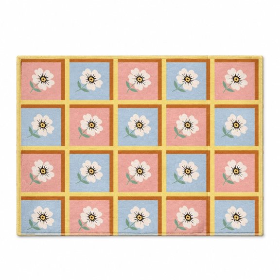 Floral Checker Doormat, Pink Blue Printed Entry Mat with Non-Slip Backing