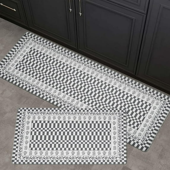 Floral Checkerboard Anti-Fatigue Kitchen Mat Set of 2, Cushioned Foam Kitchen Mats for Floor, Waterproof Non Slip Comfort Mat, Modern Kitchen Rug for Kitchen Decor, Sink, Grey