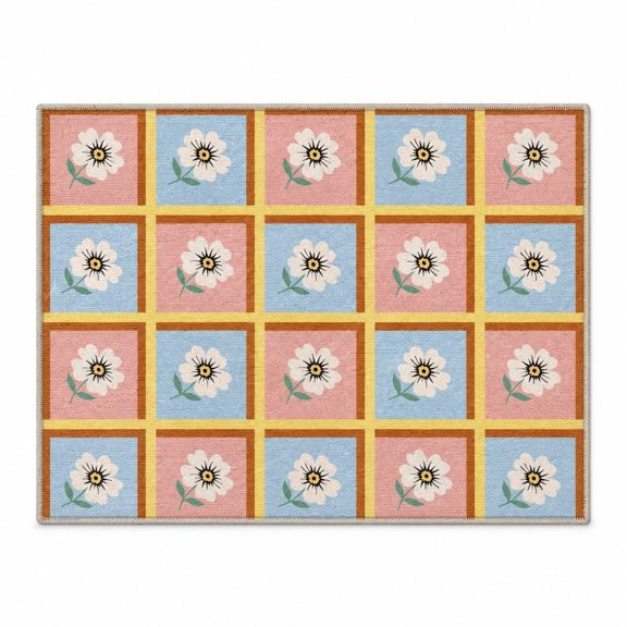 Floral Checkered Doormat with Non-Slip Backing, Printed Entry Mat