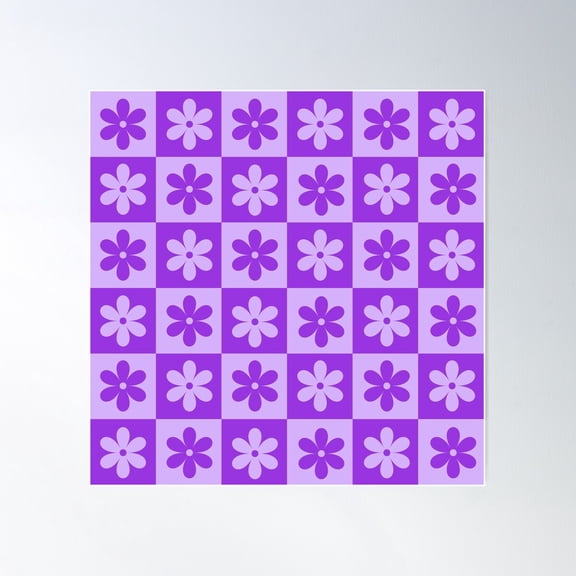 Floral Checkered Pattern In Purple Poster Wall Art, Modern Wall Decor For Living Room Bedroom, 24x24 UNFRAMED