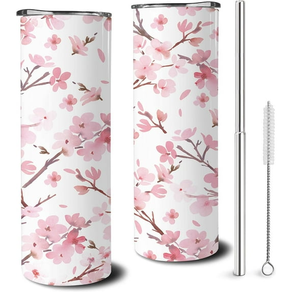 Floral Cherry Blossom Skinny Tumbler with Straw and Lid 20 oz Double Wall Stainless Steel Vacuum Insulated Coffee Wine Tea Travel Mug Gifts for Women Pink