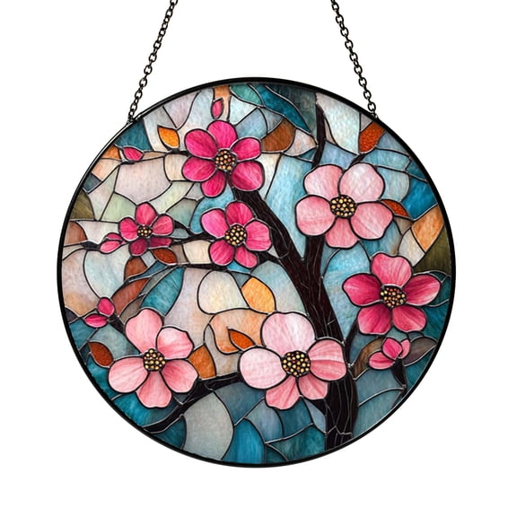 Floral Cherry Blossom Stained Glass Window Hanging, Spring Art Panel Accent for Nature Inspired Home Gift
