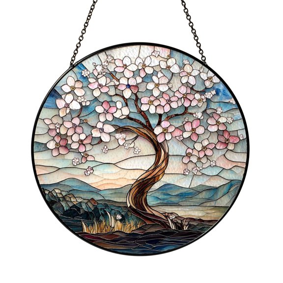 Floral Cherry Blossom Stained Glass Window Panel with Blue Tones, Refined Home Accent