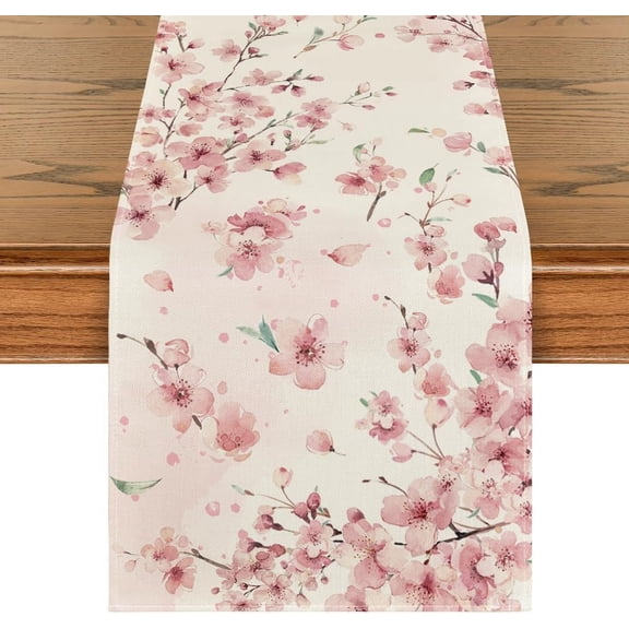 Floral Cherry Blossoms Branches Summer Table Runner, Seasonal Spring Kitchen Dining Table Decoration for Home Party Decor 13x36 Inch