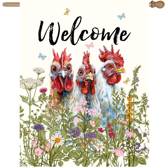 Floral Chicken Garden Flag 28x40 Double Sided Flower Rooster Farmhouse Yard Flag for Outside Welcome Decor