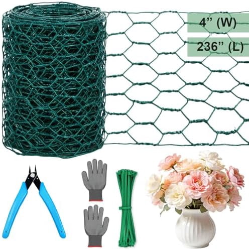 Floral Chicken Mesh for Craft, 4 x 236 Inch Galvanized Hexagonal Netting Roll, Lightweight Garden Poultry Fence for Coop & Rabbit, Metal Mesh Kit with Gloves, Ties and Plier