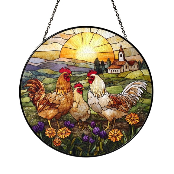 Floral Chicken Stained Glass Suncatcher Window Art, Rustic Farm Garden Design Panel, Chicken Lover Gift