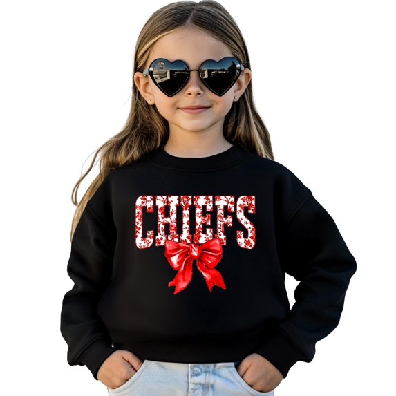 Floral Chiefs Team Sweatshirt for Women, Teens & Kids Red Coquette Bow Sports Team Sweater Black Sweatshirt Youth Small