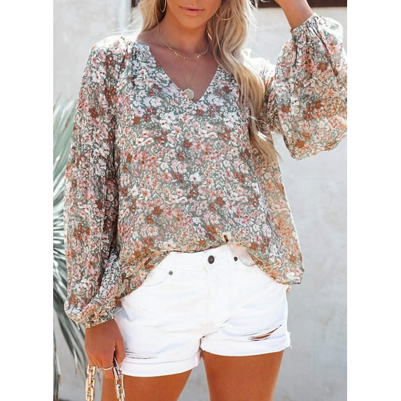 Floral Chiffon Lantern Sleeve Blouse