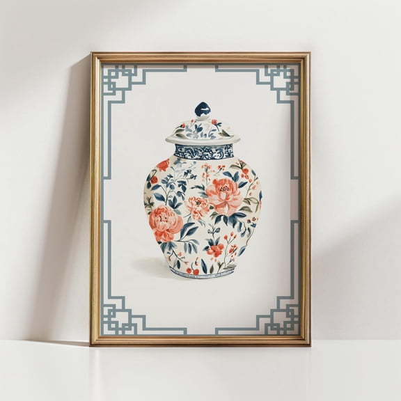 Floral Chinoiserie Ginger Jar Art Print Home Decor #2658, Unframed Poster Size 24x36