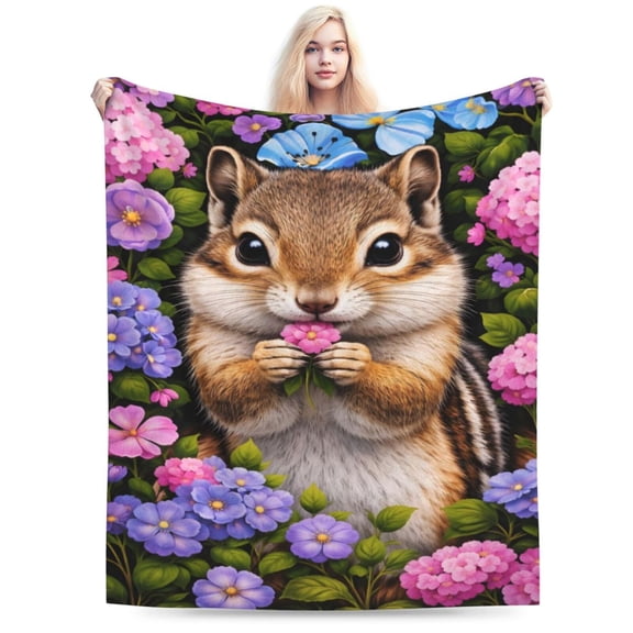 Floral Chipmunk Blanket, Easter Spring Woodland Decor Soft Cozy Plush Flannel Blanket for Sofa Couch Bed Living Room 50x40