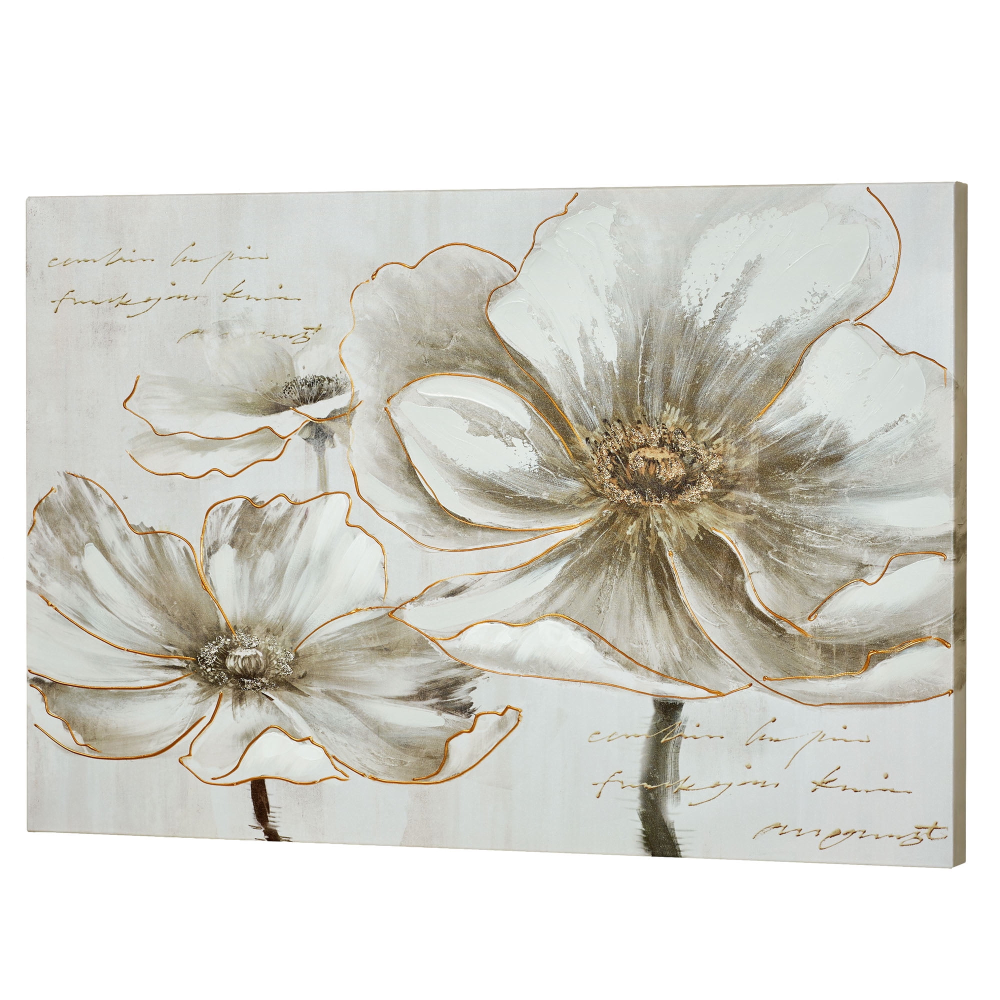 Floral Chorus Handpainted Giclee Canvas Wall Art White and Gold 36"Wx2 ...
