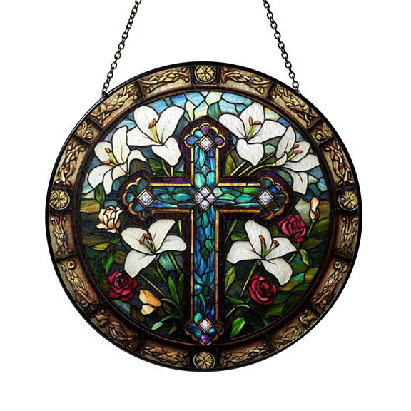 Floral Christian Cross Stained Glass Window Hanging, Faith Inspired Decor Accent for Calm Homes