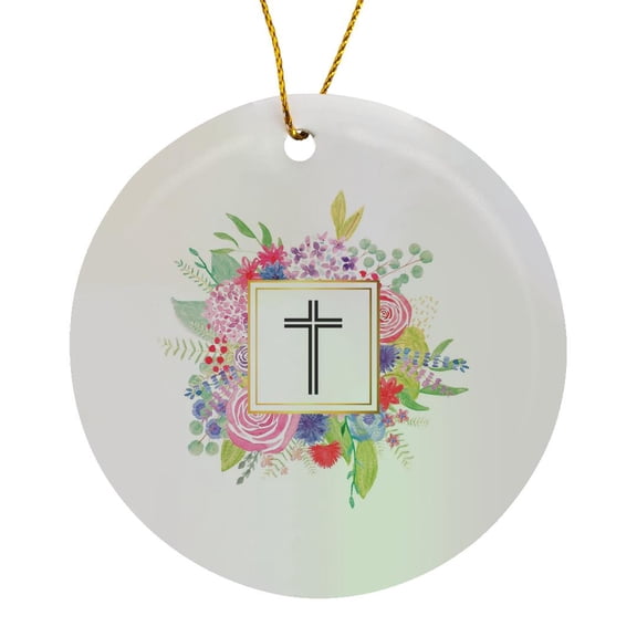 3drose, Floral Christian Cross Symbol Watercolor Pink Flowers - Christianity, Circle Porcelain Ornament