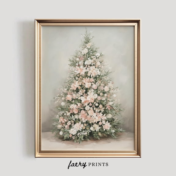 Floral Christmas Tree Pastel Pink Holiday Wall Art Print, Striking Seasonal Theme For Living Room And Home Decor