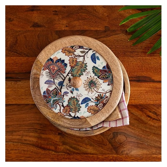 'Floral Chronicals' Chapati Box Indian for Storing Flatbread (8.0 Inch, 36.5 oz) | Tortilla Warmer Holder Bread Container Roti Box Casserole Indian Wooden Tortilla Warmer with Lid
