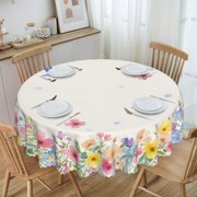 Floral Circle With Birds And Round Tablecloth Waterproof Oil-Proof Plastic Table Cloth Stain-Resistant Wipeable 60" for Camping, Dining, Indoor and Outdoor