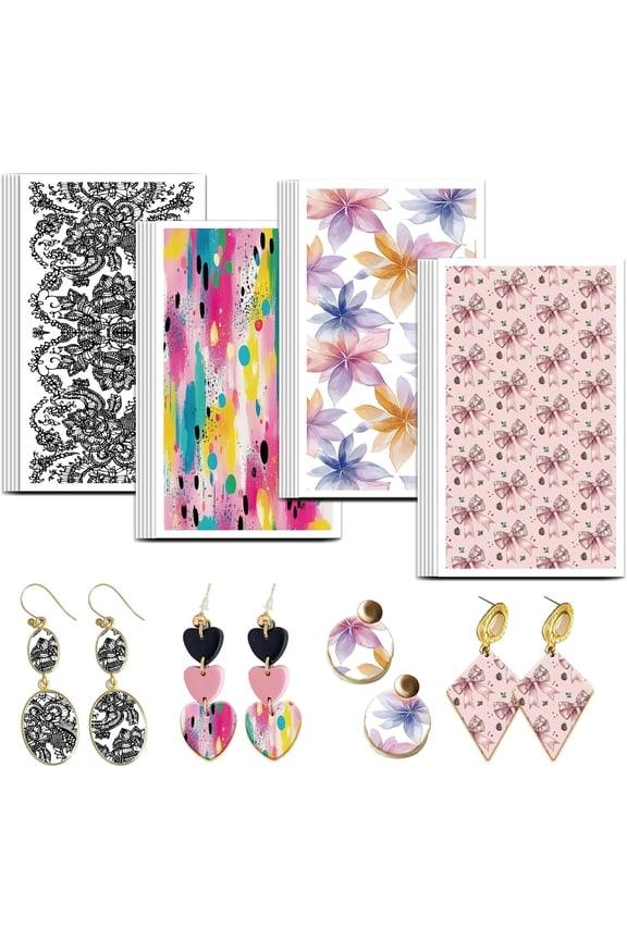 Floral Clay Transfer Paper 4 Design 24Pcs Transfer Paper for Polymer Lace Polymer Clay Transfers Sheets Flowers Theme Small Transfers Papers for Clay Earrings Jewelry Making