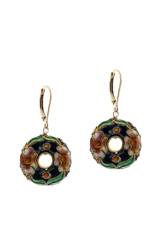 Floral Cloisonne Enameled Hoop Drop Earrings