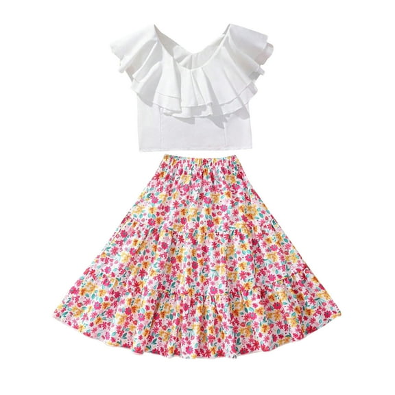 Floral Clothes Set for Girl Ruffle Sleeveless Crop Top Print Tiered Skirt 6-13 Years Old Tween 2 Piece Skirt Suit, White, 10 Years