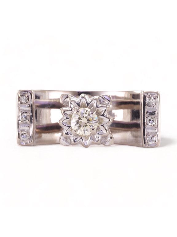 Floral Cluster Engagement Ring, Heighted Euro Shank Ring, Unique Statement Ring, 14K White Gold Plated, 2.1 Ct Simulated Diamond