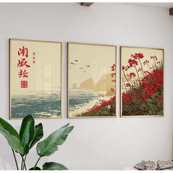 Floral Coastal Landscape Japanese Red Ink Prints Set 3 Unframed Paper Print 8x12