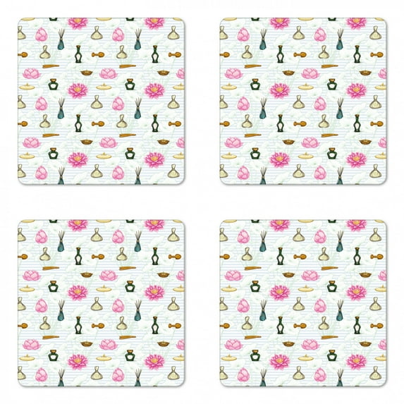 Floral Coaster Set of 4, Print of Colorful Perfume Bottles and Flowers on a Background of Stripes, Square Hardboard Gloss Coasters, Standard Size, White and Multicolor, by Ambesonne