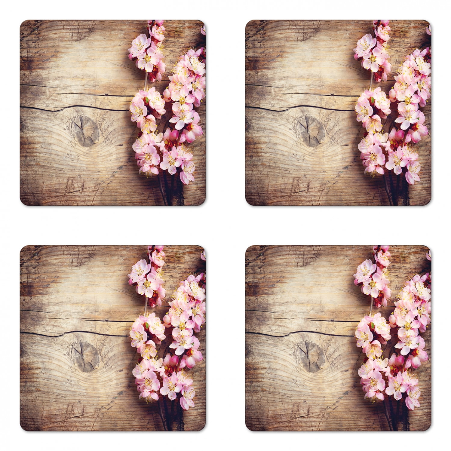 Floral Coaster Set of 4, Spring Blossom on Wooden Table Romantic ...
