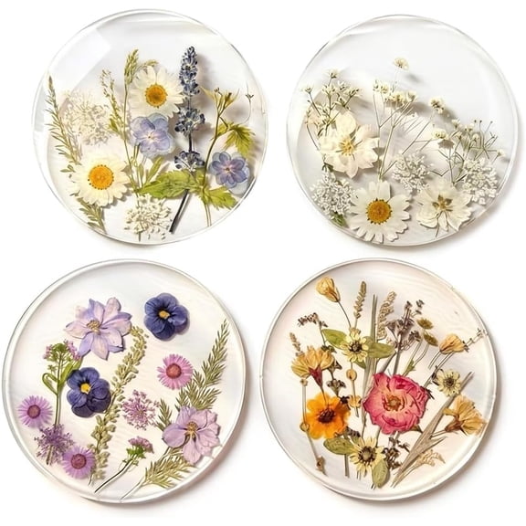 Floral Coasters Set, 4 Pcs Clear Round Acrylic Coaster with 2D Printed Pressed Flowers Design, Botanical Decorative Tabletop Accessories for Home Office Desk Decor, Housewarming Gifts for Women