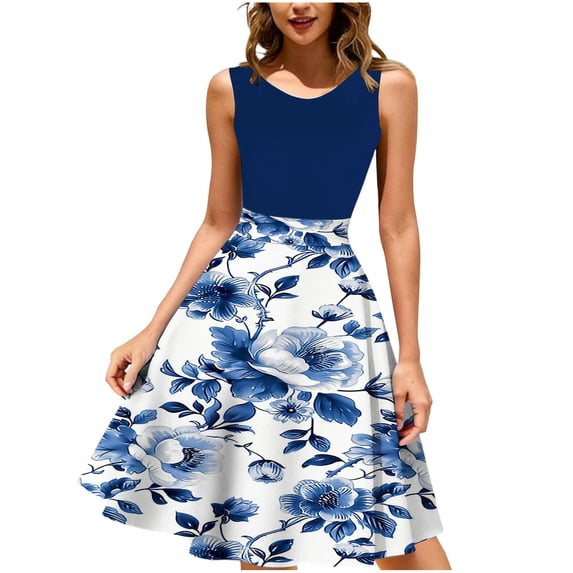 Floral Cocktail Dresses for Women Formal Business Casual Aline Tank Dress Sleeveless Tea Party Prom Dark Blue, 2XL