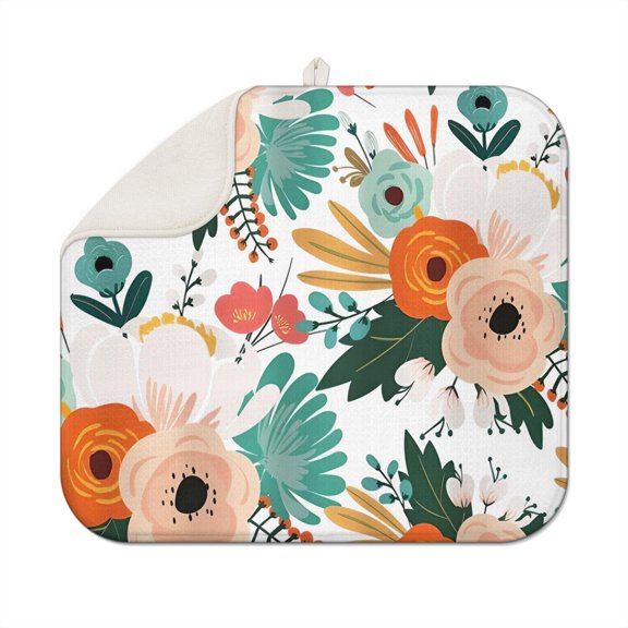 Floral Coffee Mat with Bloom and Blossom Patterns – Reversible Microfiber Spill Mat for Kitchen Countertops, Lightweight Dish Drying Pad for Home and Cafe