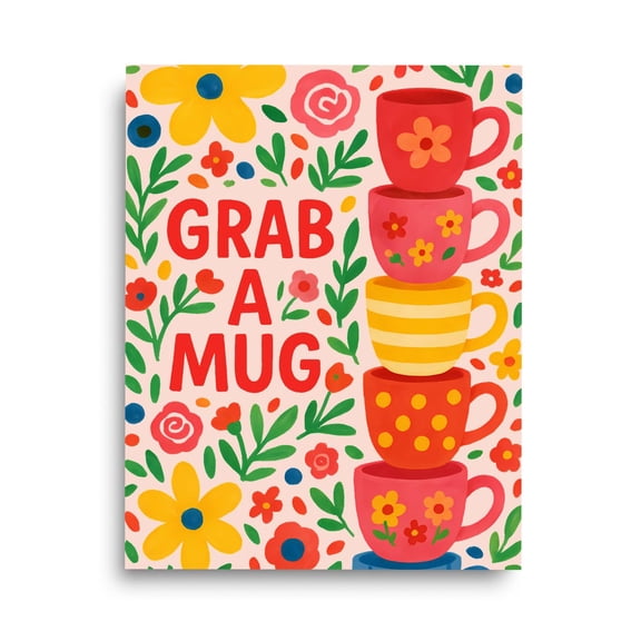 Floral Coffee Mug Print, Colorful Kitchen Cafe Art, Coffee Wall Poster, Morning Vibes Artwork, Tea, Cafe Decor, Beverage Wall Art Home Decor #3836, Unframed Canvas Size 8x12