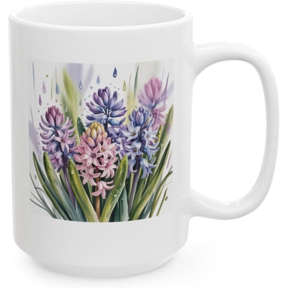 Floral Coffee Mug with Watercolor Spring Flower Design, Painterly Botanical Artwork, 15 oz White Ceramic Mug for Home or Office Use
