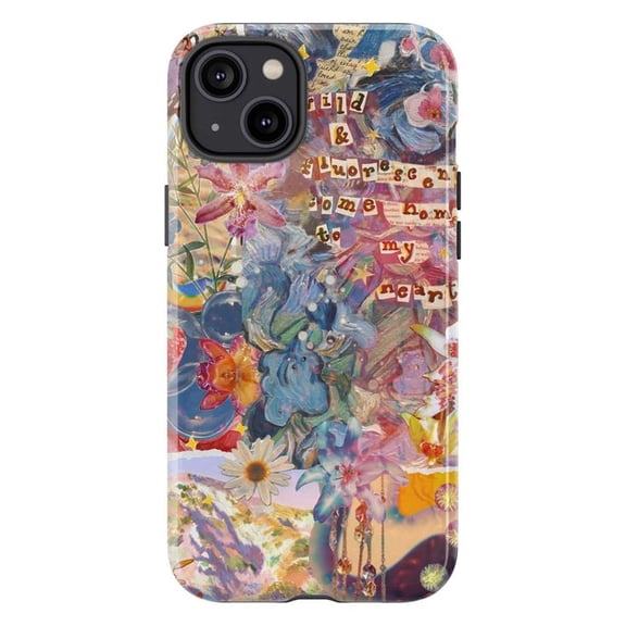 Floral Collage Phone Case, Artistic Mixed Media with Inspirational Text iPhone Cover, Unique Colorful Botanical and Abstract Design Protective Case for iPhone 16 15 14 13 12 11 Pro Plus Mini
