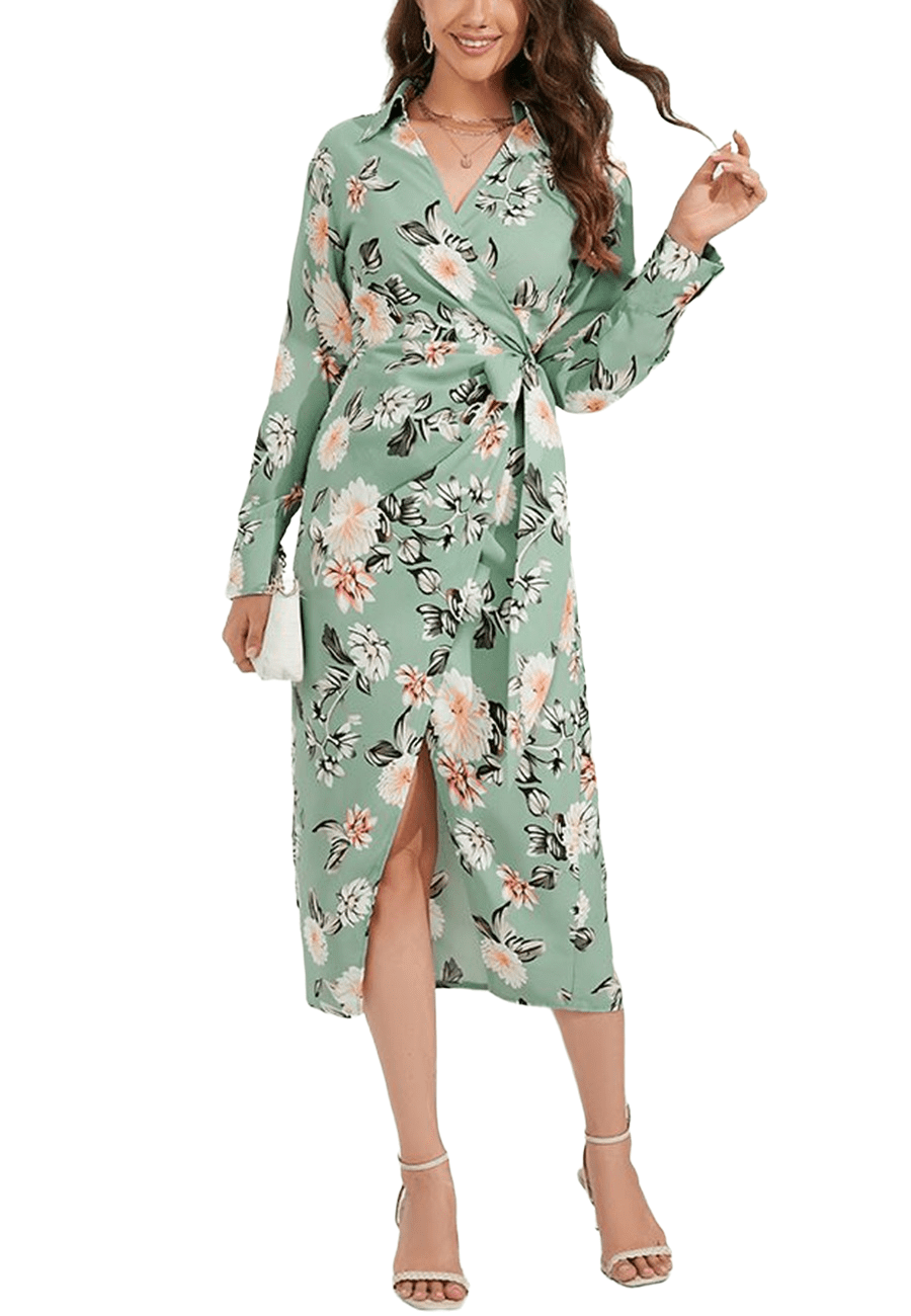 Feinuhan Floral Collared Surplice Neck Dress for Women Mid-Calf Length Green Medium, Women's Feinuhan Floral Collared Surplice Neck Dress for Women Mid-Calf Length Green Medium, Women's