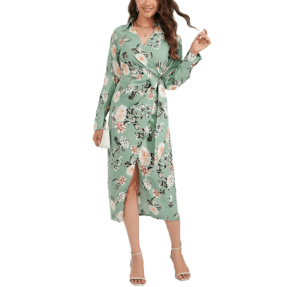 Floral Collared Surplice Neck Dress for Women Mid-Calf Length Green X-Large