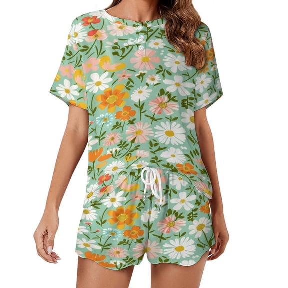 Floral Colorful Flower 2 Pack Women’s Pajama Set Print Sleepwear And Shorts Y2k Loungewear Sets S-5XL
