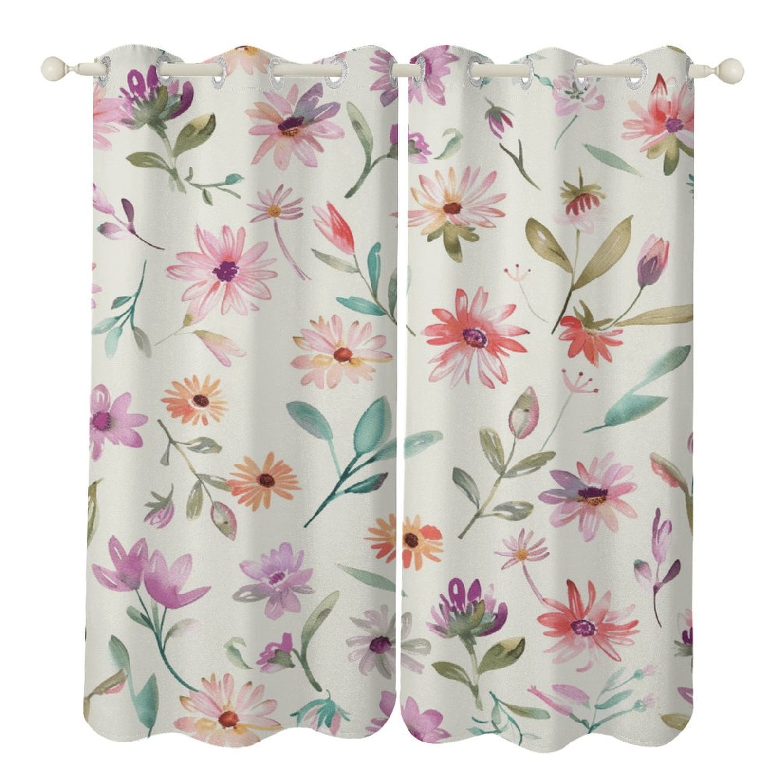 Floral Colorful Flower 2 Panel Curtain Set, Watercolor Painting Window Treatment Living Room Bedroom Decor