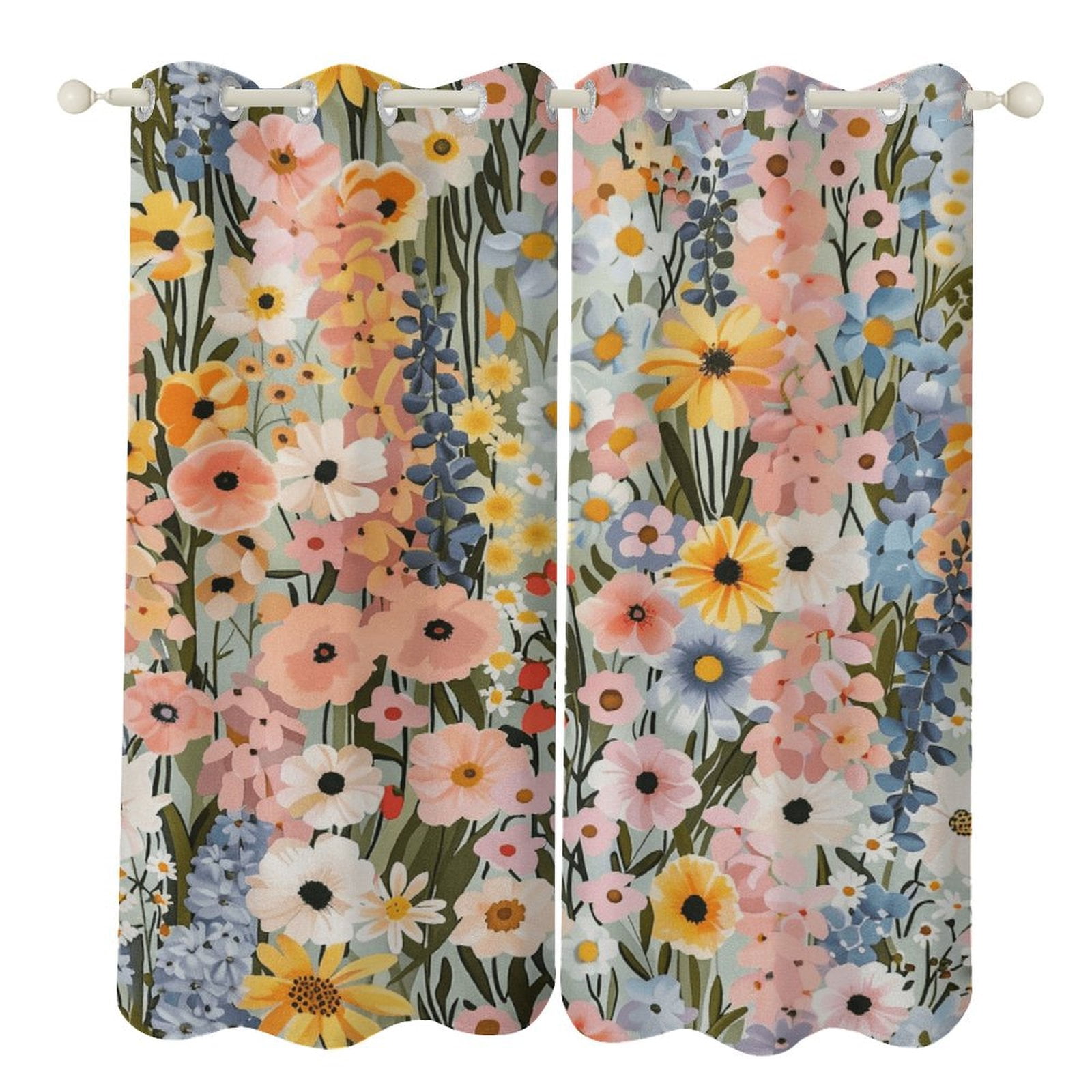 Floral Colorful Flower 2 Panel Curtain Set, Watercolor Painting Window Treatment Living Room Bedroom Decor