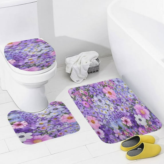 Floral Colorful Flower 3 Piece Bath Rugs Mat Set, Flannel Mats, Machine Washable Carpets Mat for Bathroom Kitchen, Tub Toilet Contour Mat Lid Cover