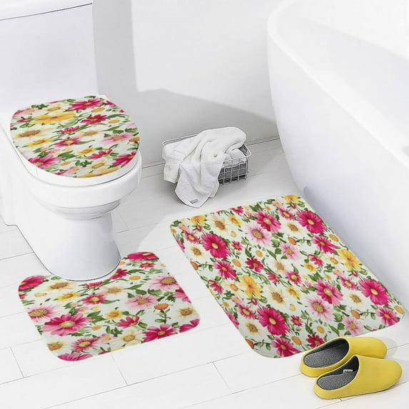 Floral Colorful Flower 3 Pieces Bath Mats Set, Non-Slip Washable Cover Floor Rug Decorations for Kitchen Bathroom Bedroom
