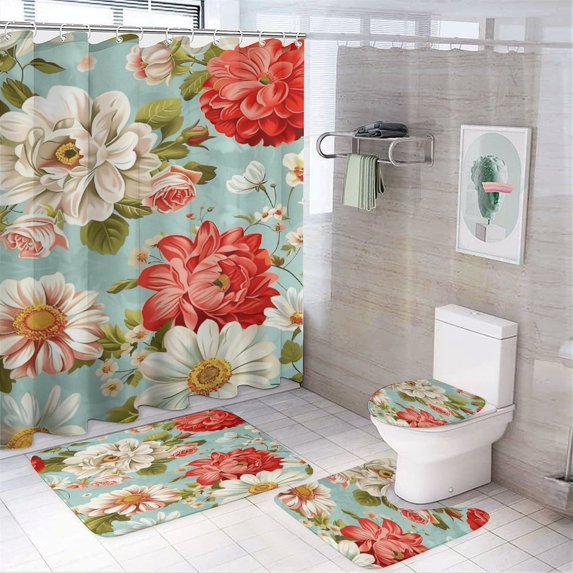 Floral Colorful Flower 4 Pcs Shower Curtain Set with Rug Bathroom Sets with Waterproof Fabric And Non-Slip Rugs Toilet Lid Cover Bath Mat Decor with Hooks