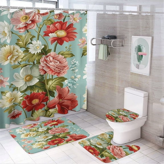 Floral Colorful Flower 4 Pcs Shower Curtain Set with Rug Bathroom Sets with Waterproof Fabric And Non-Slip Rugs Toilet Lid Cover Bath Mat Decor with Hooks