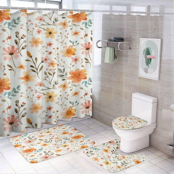 Floral Colorful Flower 4 Pcs Shower Curtain Set with Rug Bathroom Sets with Waterproof Fabric And Non-Slip Rugs Toilet Lid Cover Bath Mat Decor with Hooks