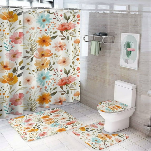 Floral Colorful Flower 4 Piece Shower Curtain Sets, Non-Slip Rugs, Toilet Lid Cover And Bath Mat, for Bathroom Decor Set, 72" X 72"