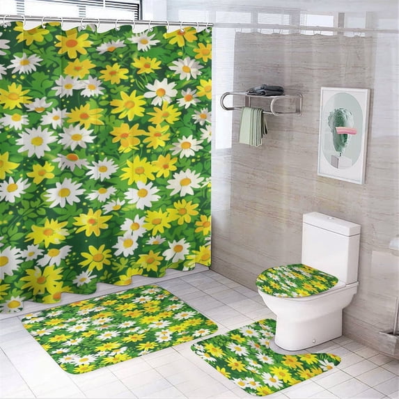 Floral Colorful Flower 4 Piece Shower Curtain Sets, Non-Slip Rugs, Toilet Lid Cover And Bath Mat, for Bathroom Decor Set, 72" X 72"